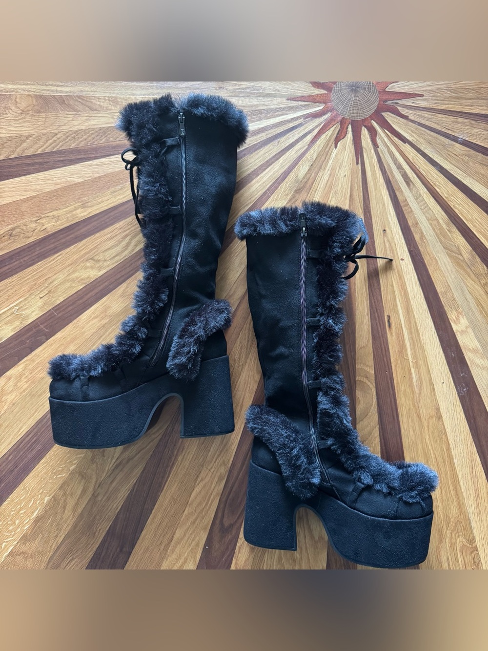 Black Faux Fur Trim Platform Knee Boots Chunky Block Heel EU 40 (10.5-11 US)